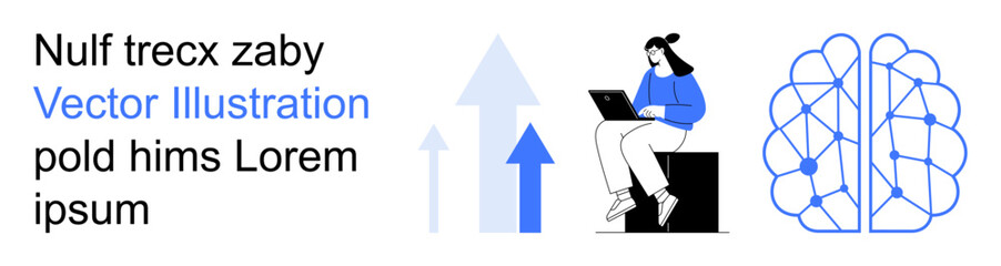 Business growth, artificial intelligence, machine learning, technology, education, innovation. Person working on a laptop alongside upward arrows and a brain graphic. Business growth and technology