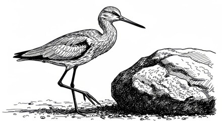 Detailed sketch of a wading bird standing beside a rocky outcrop