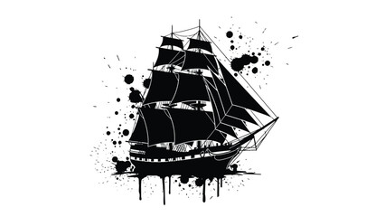 A striking black and white illustration of a vintage sailing ship with paint splatter © Nasima