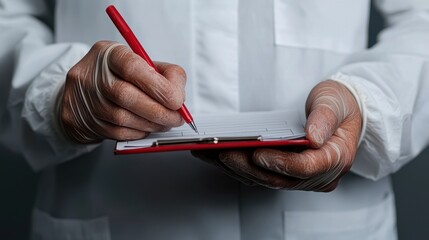 Pandemic Preparedness Lessons Scientist taking notes with a clipboard and red pen in a lab setting.