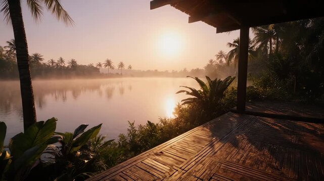 A sunlit morning view of a lagoon from a wooden deck