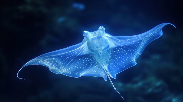 A graceful ray glides through the water, showcasing its delicate wings and shimmering skin, embodying aquatic beauty.