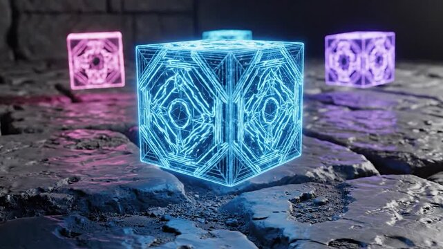 Mystical cube with galaxy inside on dark stone surface