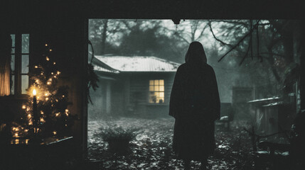 Dark Hooded Figure Standing Outside Cabin at Night with Christmas Lights