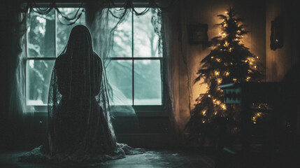 Mysterious Ghostly Figure in Dark Room with Christmas Tree at Night