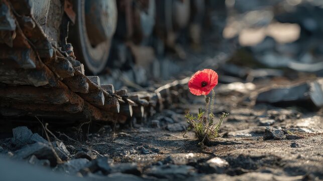 A striking red poppy flower grows resiliently amidst rubble, symbolizing beauty in harsh environments.