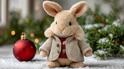 Fototapeta premium Plush bunny in winter coat with red bauble and festive greenery for holiday charm