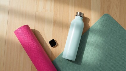 Yoga Essentials on Wooden Floor with Mat and Accessories