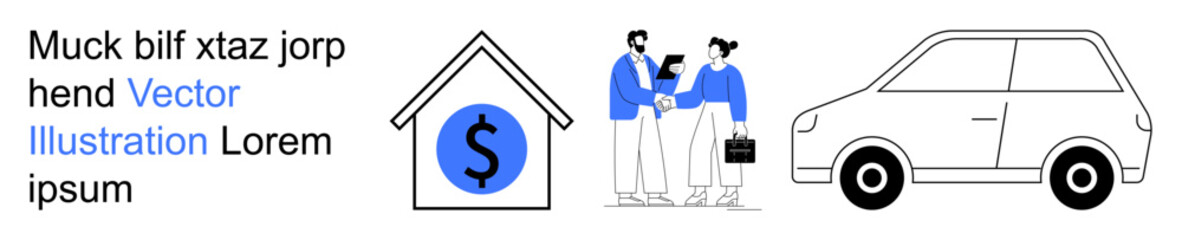 Fototapeta premium Financial planning, property investment, business solutions, transportation, real estate, teamwork. Dollar symbol in a house shape, handshake car profile. Financial planning and property investment