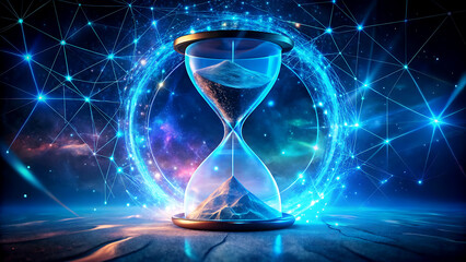 The flow of time in a digital age, represented by a glowing hourglass and network connections