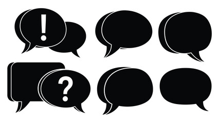 Black speech bubbles with an exclamation mark and question mark symbols