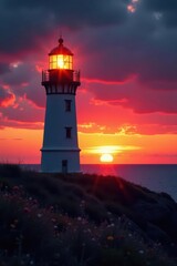Lighthouse dark profile, fiery sunset colors blazing behind, red, sky