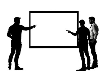Strategic Planning: Silhouetted figures in a focused discussion, analyzing a blank presentation screen, embodying collaborative problem-solving and strategic vision.