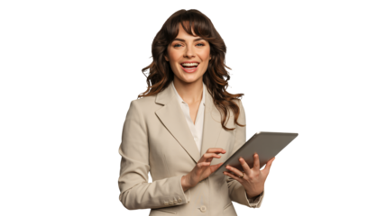 Smiling businesswoman with tablet in hand, professional office setting
