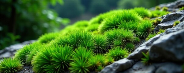 Lush green moss thrives on rugged rock surface , damp, backdrop, surface