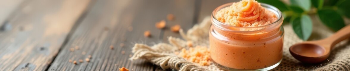 Luxurious exfoliant in glass jar, wooden spoon nearby on burlap , smooth, texture, wooden