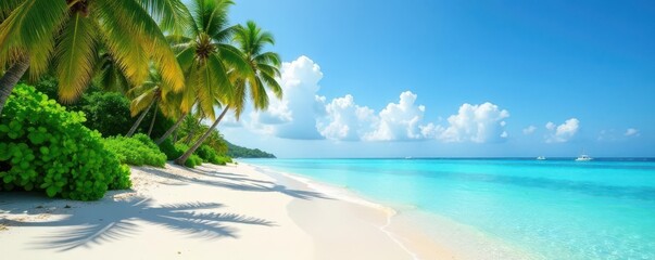 Lush palm trees fringe a pristine, sandy beach on a tropical island , sea, vacation