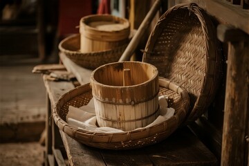 Traditional woven bamboo baskets and wooden containers arranged on a rustic wooden table