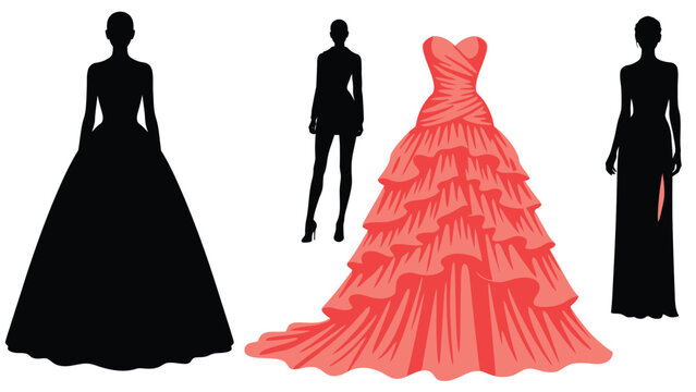 Fashion illustration of silhouettes and a vibrant red evening gown design