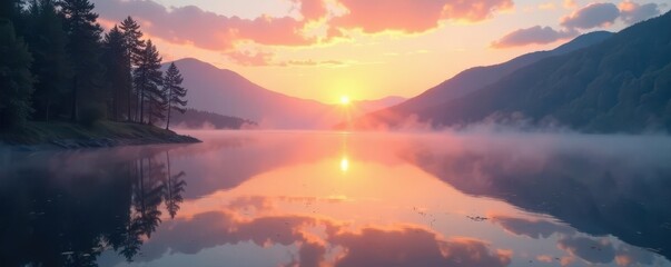 Misty veil clinging to glassy lake surface, sunrise glow, visual, landscape