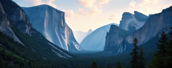 Misty Yosemite Valley, ethereal light, granite cliffs, peaceful, iconic, mountains