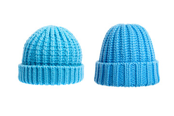 Blue wool knitted hat isolated on white background.