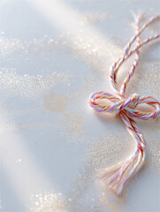 金のラメの床に置かれた紅白のリボンの年賀背景