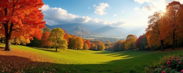 Panoramic view, autumnal park, diverse foliage , outdoor, landscape photography