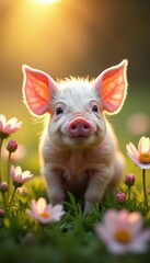 Piglet amongst blossoms, joyful expression, golden light , flowers, wildlife, peaceful