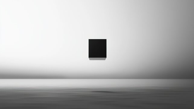Floating Black Cube in Neutral-Tone Spatial Background - Minimalist Geometric Element