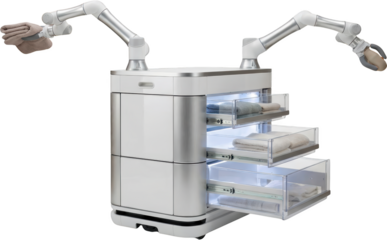 Robotic storage unit with articulated arms and folded towels in drawers showcasing advanced technology and home automation for efficient organization modern