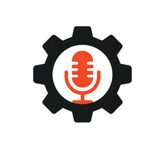 Vector illustration of gear wheel with microphone. Icon of voice recognition identification.