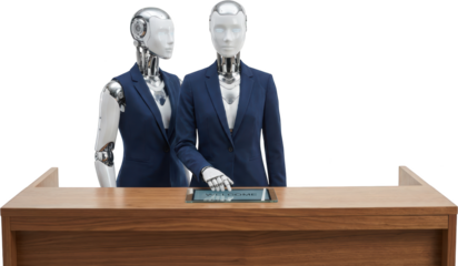 Two humanoid robots in business attire standing behind a wooden reception desk with a welcome sign representing advanced technology and future workplace innovation