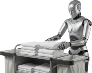 Advanced robotic arm folding and organizing white towels on a service cart designed for hospitality showcasing technology and automation in housekeeping tasks