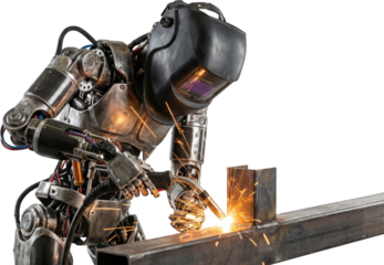 Robotic welder performing metal fabrication with sparks flying and precision tools showcasing advanced technology and automation in modern manufacturing processes