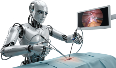 Surgical robot performing minimally invasive surgery with surgical instruments during operation displayed on monitor in modern medical facility technology