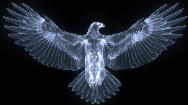 X-ray image of an eagle with wings spread wide showing detailed skeleton structure on black background