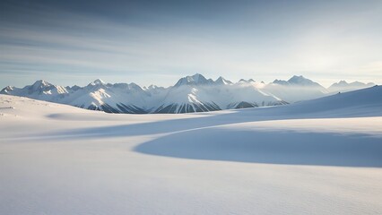 Winter alpine landscape panorama featuring high snow-covered peaks, blue sky, and white glacier ice, perfect for skiing and cold-season nature views