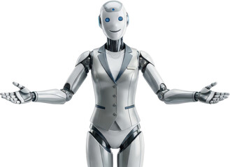 A humanoid robot in a formal suit with a friendly expression extending its arms in a welcoming gesture showcasing advanced robotics technology and human like features