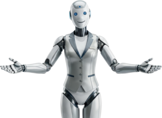 A humanoid robot in a formal suit with a friendly expression extending its arms in a welcoming gesture showcasing advanced robotics technology and human like features