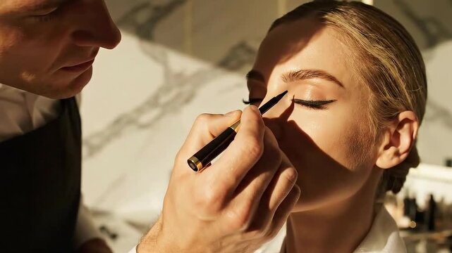 Applying Eyeliner on Woman by Make-up Artist in White Marble Bathroom with Natural Lighting for Beauty Advertisement and Cosmetics Product Commercial
