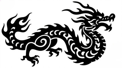 Naklejka premium A black and white tribal dragon tattoo vector design featuring a traditional Chinese mythology monster silhouette as a symbolic fantasy animal illustration for heraldic Asian art decoration