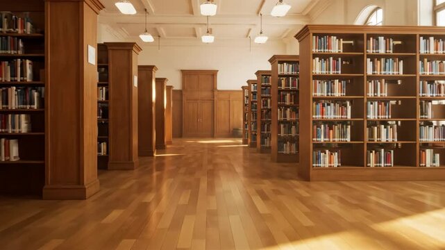 Library interior with bookshelves and light streaming in from windows