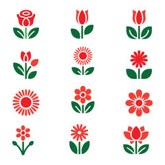 Collection of stylized red and green flower icons on white background rose