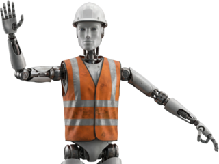 A humanoid robot construction worker wearing an orange safety vest and hard hat raising one hand in a gesture while showcasing advanced robotic features and design