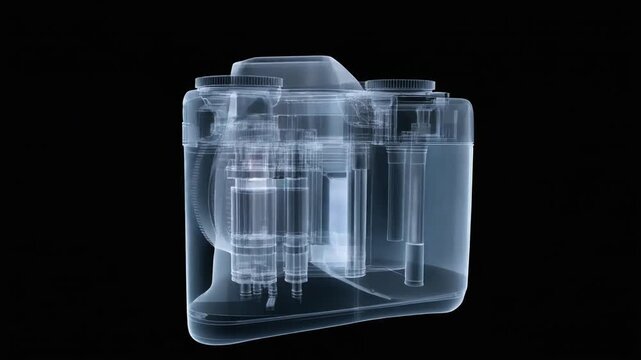 Xray view of a digital camera with glowing red sensor.