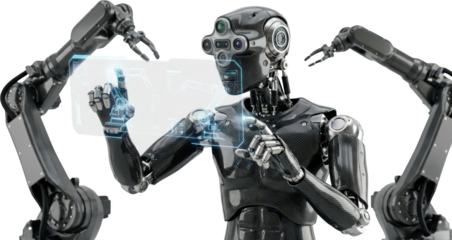 Futuristic robotic humanoid interacting with a holographic interface showcasing advanced technology and artificial intelligence in a modern digital environment