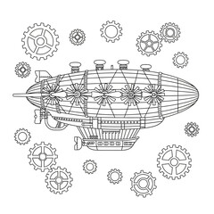 Detailed outline drawing of a magnificent steampunk airship surrounded by intricate mechanical gears ready for creative coloring projects © ahmad