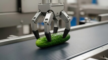 Robotic arm picking cucumber on industrial conveyor belt in factory production line setting.