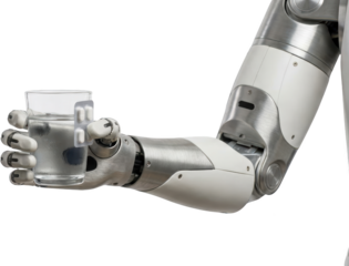 Robotic arm holding a clear glass of water with ice cubes showcasing advanced technology and human like functionality in modern robotics mechanical beverage